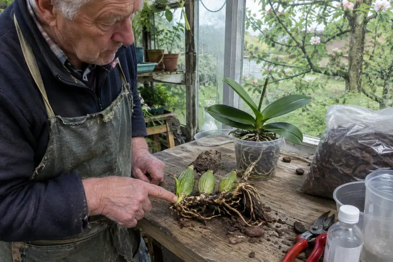 Un jardinier âgé montre le rhizome et les pseudobulbes d’un Oncidium dépoté, à côté d’un phalaenopsis en pot transparent, dans une petite serre