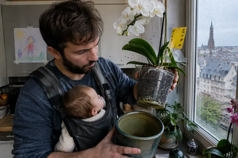 Un père sort un phalaenopsis de son cache-pot rempli d’eau stagnante, de petits moucherons noirs autour de l’écorce et un piège jaune planté