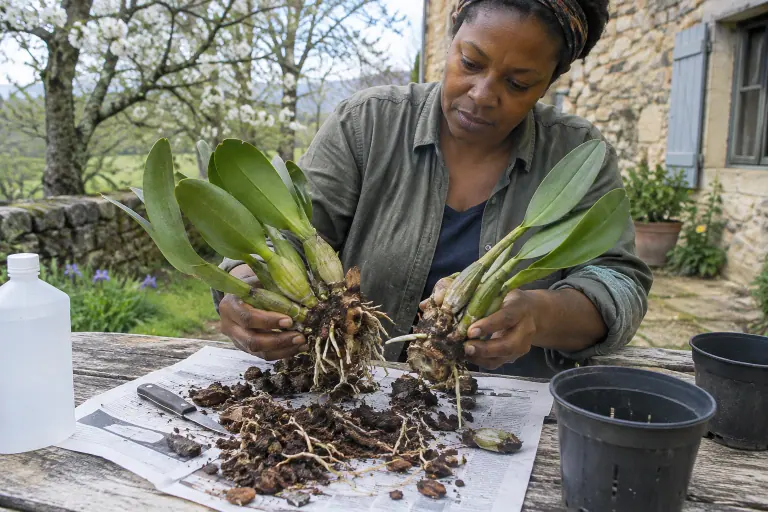 Une femme divise un Cattleya en deux éclats de trois à quatre pseudobulbes sur une table de jardin couverte de papier journal et d’écorce
