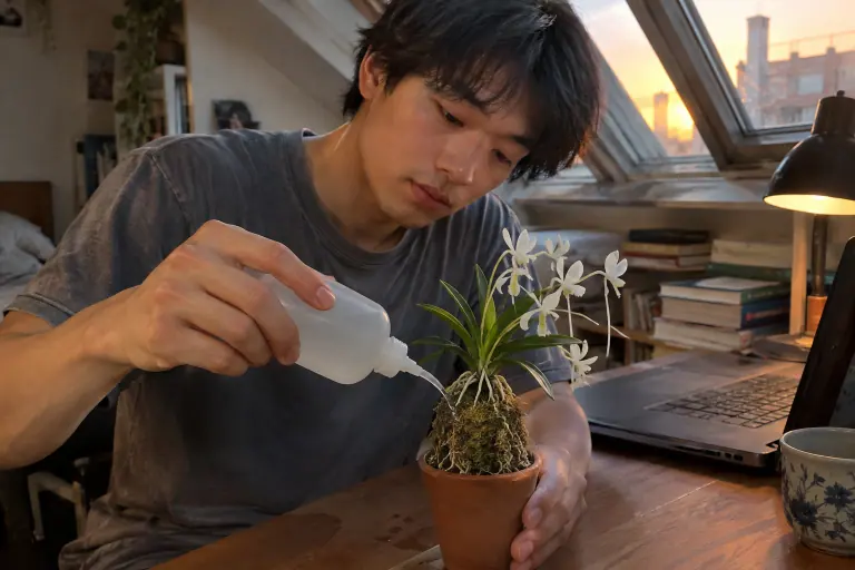 Dans un studio parisien, un jeune homme arrose une petite Neofinetia falcata cultivée sur un dôme de sphaigne, couverte de fleurs blanches à long éperon