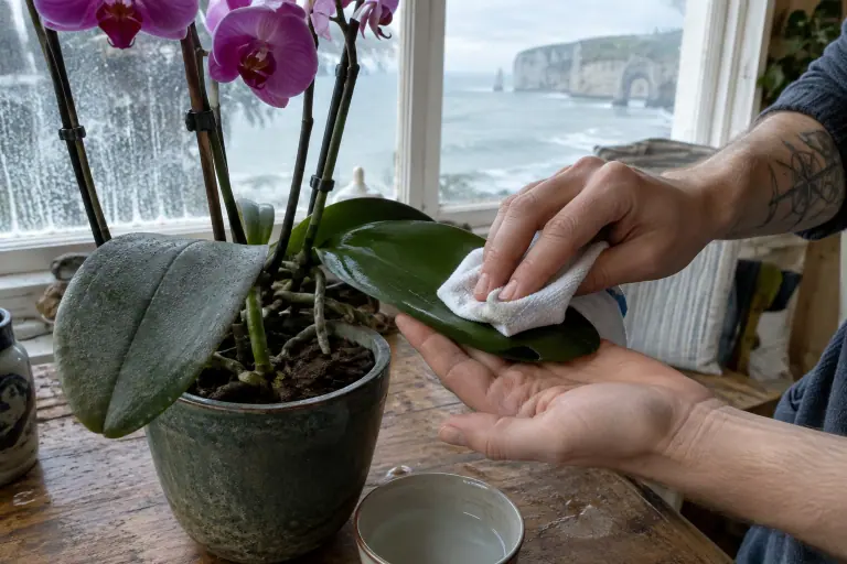 Gros plan sur des mains qui essuient une feuille de Phalaenopsis avec un chiffon humide, la paume soutenant la feuille par-dessous