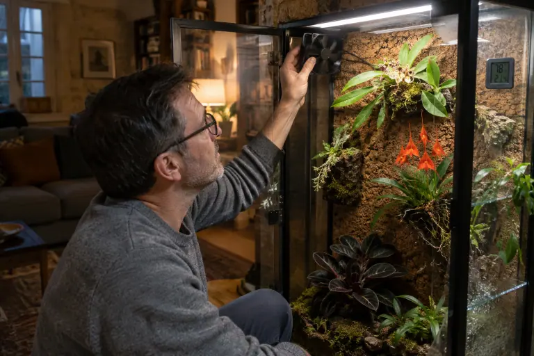 Un homme règle un petit ventilateur dans une vitrine en verre éclairée par une LED, où poussent une Restrepia, une Masdevallia et un Ludisia