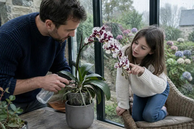 Dans une véranda bretonne, un père brumise les racines d’un phalaenopsis blanc taché de pourpre pendant que sa fille montre les fleurs du doigt