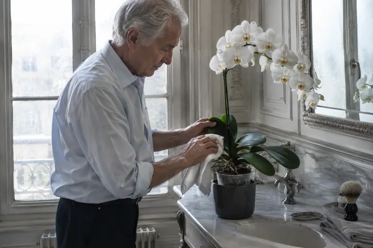 Un homme âgé essuie les feuilles d’un phalaenopsis blanc posé sur le marbre d’un lavabo, dans une salle de bain haussmannienne en hiver