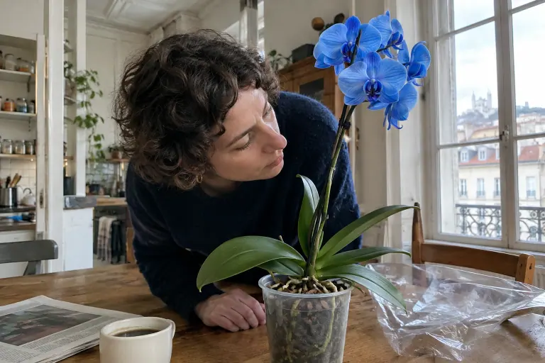 Une femme examine la petite cicatrice d’injection sur la tige d’un phalaenopsis teint en bleu vif, posé sur la table d’une cuisine lyonnaise