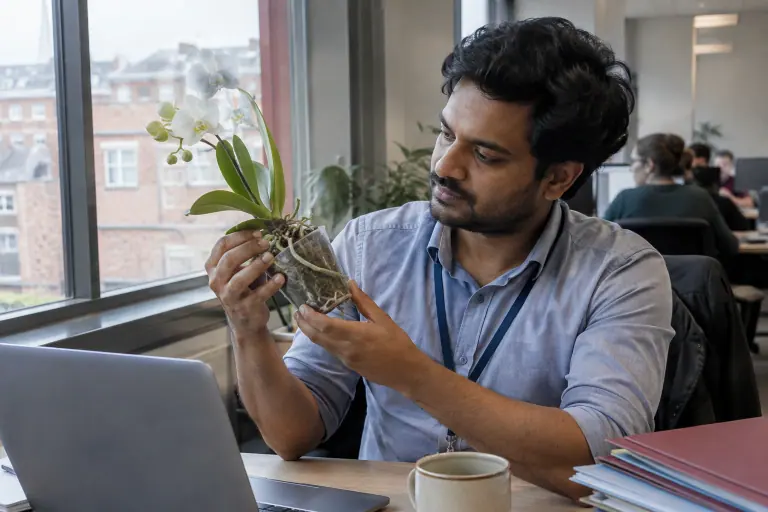 Dans un bureau lillois, un homme observe les racines d’un mini Phalaenopsis blanc en pot transparent, posé près de la fenêtre à côté de son ordinateur