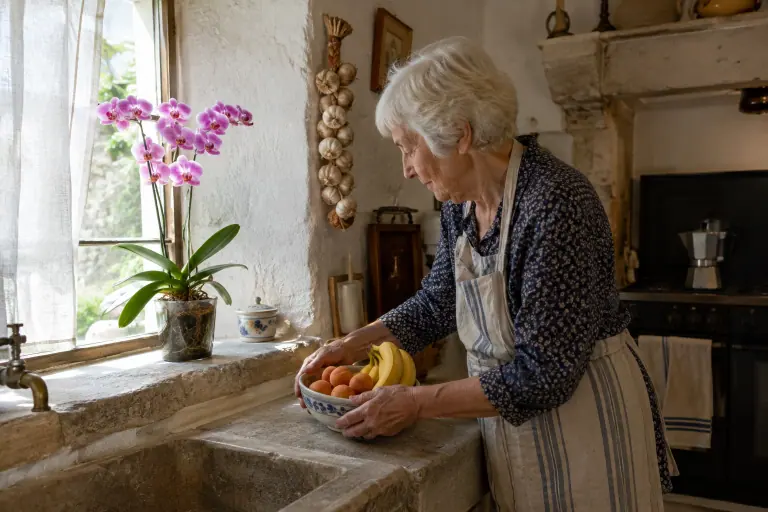 Une femme âgée éloigne une corbeille de fruits d’une orchidée rose posée sur le rebord de fenêtre au-dessus de l’évier d’une cuisine provençale