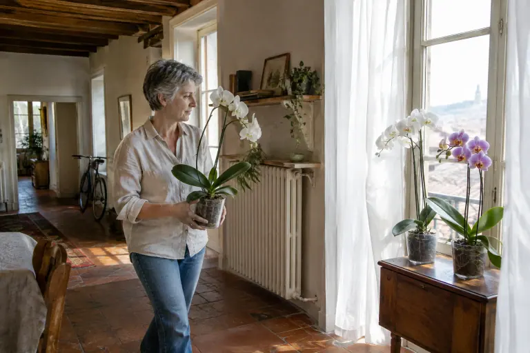 Une femme déplace un Phalaenopsis blanc du dessus d’un radiateur vers une fenêtre est garnie d’un voilage, où attendent deux autres orchidées