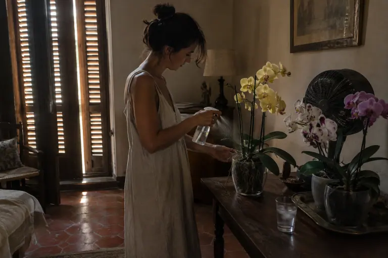 Dans une pièce aux persiennes mi-closes, une jeune femme brumise les racines aériennes d’un Phalaenopsis jaune posé loin de la fenêtre