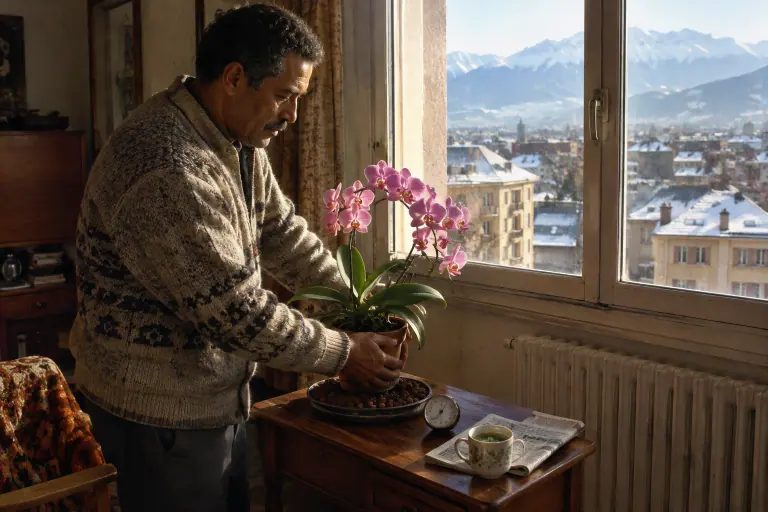 Un homme installe un Phalaenopsis rose en fleur sur une table à distance du radiateur, près d’un hygromètre, devant une fenêtre aux toits enneigés