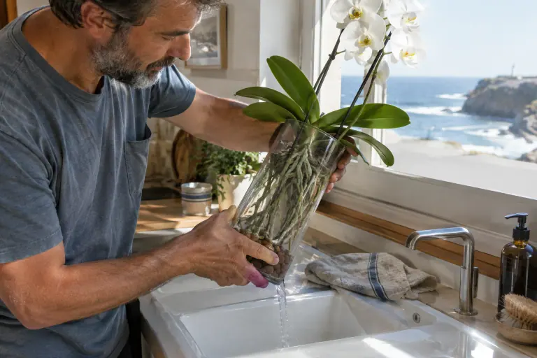 Un homme vide l’eau d’un grand vase en verre où une orchidée blanche repose racines nues au-dessus d’un lit de billes d’argile, près d’un évier
