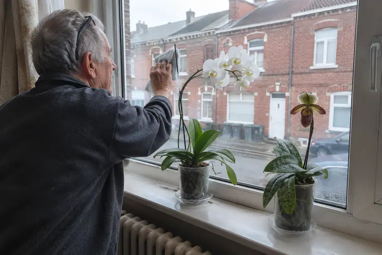 Un homme âgé essuie la vitre d’une fenêtre nord à Lille, près d’un Phalaenopsis blanc en fleur et d’un Paphiopedilum aux feuilles marbrées