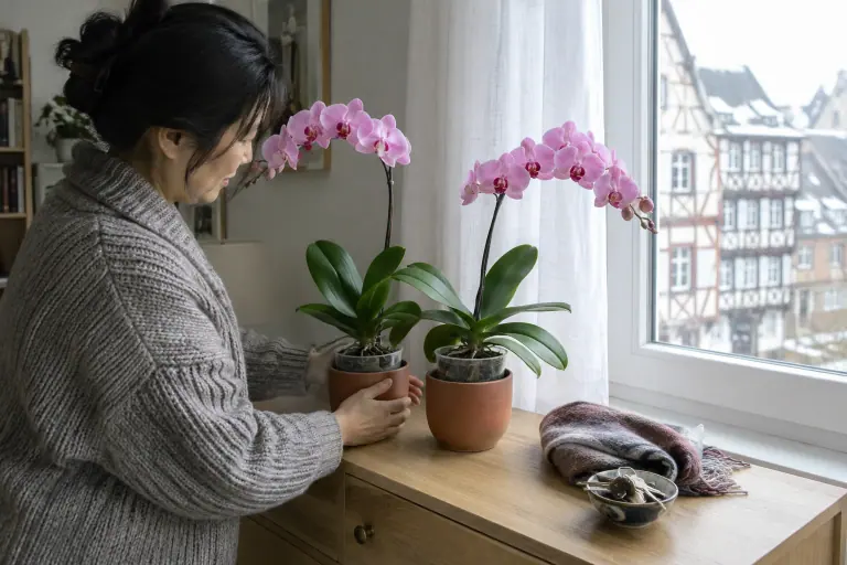 Dans un appartement strasbourgeois, une femme place deux phalaenopsis roses côte à côte sur une commode, près d’une fenêtre voilée