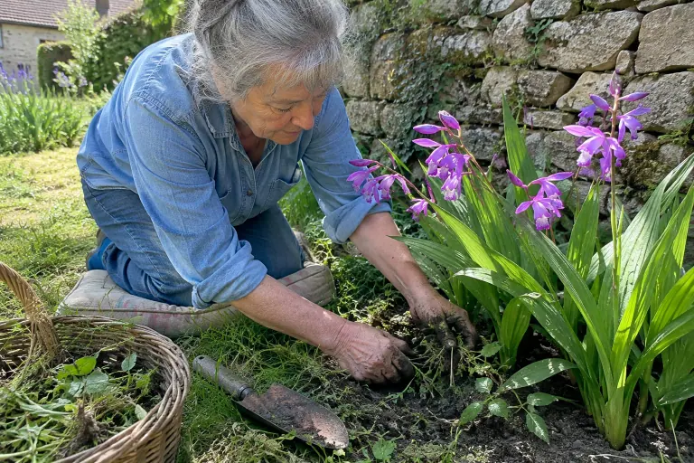 Une jardinière agenouillée désherbe au pied d’une touffe de Bletilla striata aux fleurs magenta, devant un mur de pierre sèche en Bourgogne