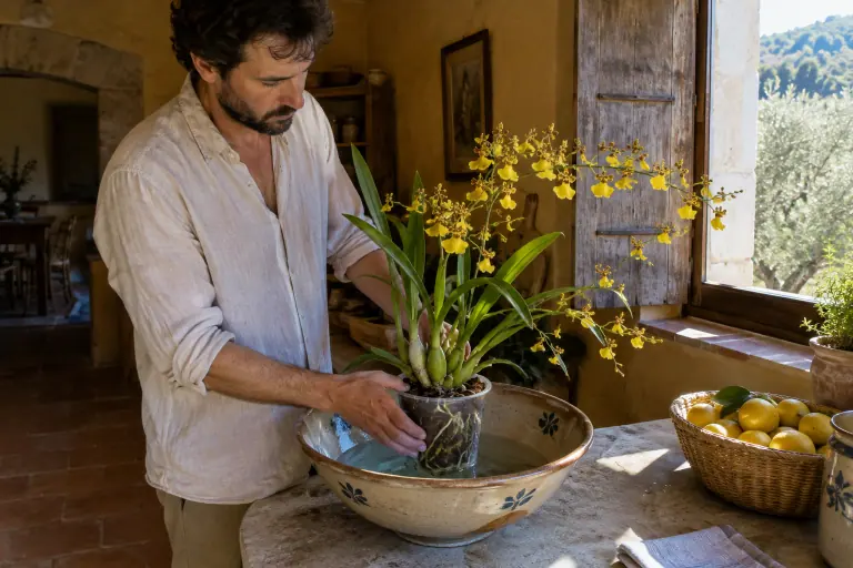 Un homme plonge le pot d’un Oncidium jaune aux longues grappes de petites fleurs dans une bassine d’eau, sur le plan en pierre d’un mas provençal