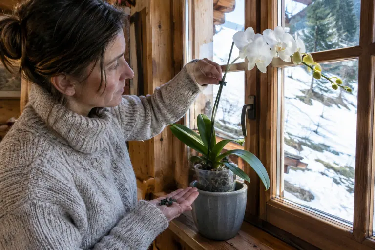 Dans un chalet savoyard, une femme fixe avec un clip la hampe d’un Phalaenopsis blanc qui penche fortement vers la petite fenêtre