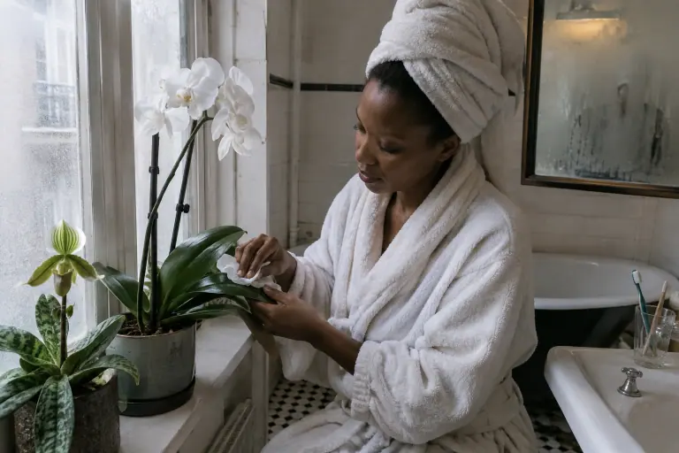 Dans une salle de bain haussmannienne embuée, une femme essuie une feuille de Phalaenopsis blanc posé près d’un sabot de Vénus, devant une fenêtre dépolie