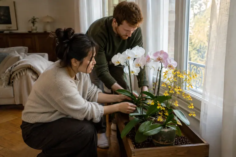 Un jeune couple dispose deux Phalaenopsis et un Oncidium jaune sur un plateau de billes d’argile, devant la baie vitrée d’un salon bordelais