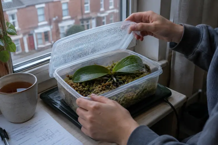 Sur le rebord d’une fenêtre à Lille, un étudiant soulève le couvercle d’une boîte où un Phalaenopsis sans racines repose sur de la sphaigne humide