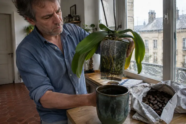 Dans une cuisine lyonnaise, un homme sort un pot d’orchidée d’un cache-pot où stagne de l’eau, les racines brunes et molles visibles à travers le plastique