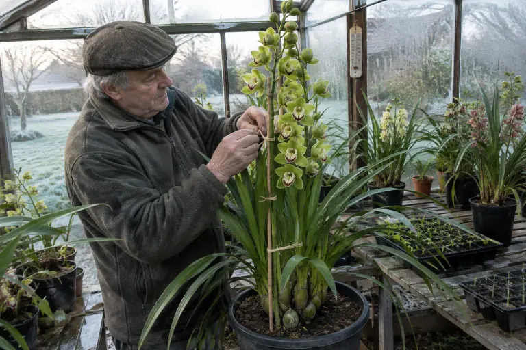 Dans une petite serre d’amateur en Anjou, un jardinier âgé attache au tuteur la hampe d’un Cymbidium à grandes fleurs vert pomme, un matin de givre