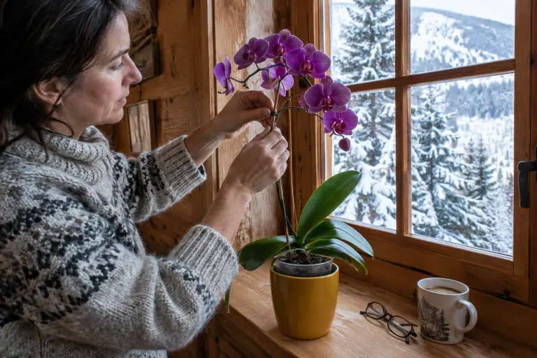Une femme attache la hampe d’un phalaenopsis violet à un tuteur en bambou, devant la fenêtre enneigée d’un chalet savoyard