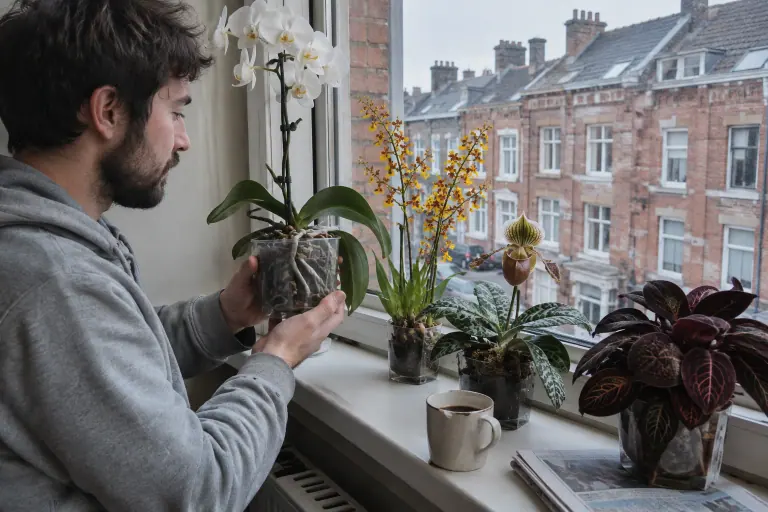 Sur le rebord d’une fenêtre lilloise, un jeune homme soupèse le pot d’un phalaenopsis à côté d’un Oncidium, d’un Paphiopedilum et d’un Ludisia