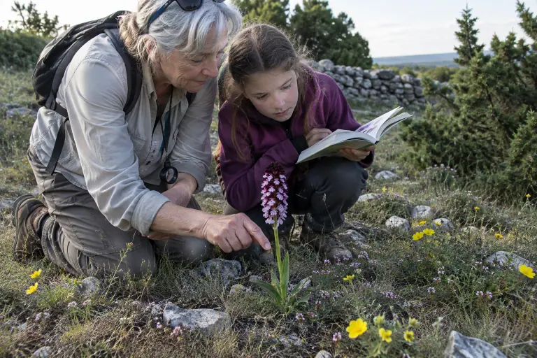 Une grand-mère agenouillée sur une pelouse calcaire du Lot montre à sa petite-fille un orchis pourpre sauvage à la loupe, sans le toucher