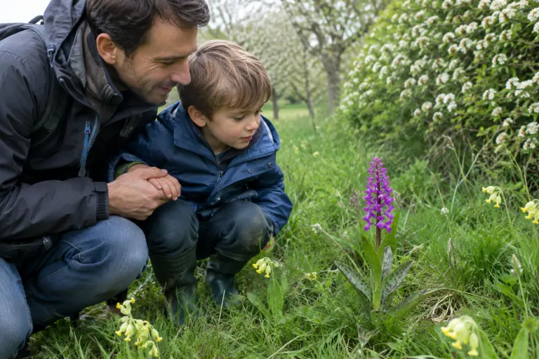 Un jeune père accroupi en lisière de bois en Normandie montre à son fils un orchis mâle aux fleurs pourpres et aux feuilles tachées, sans le cueillir