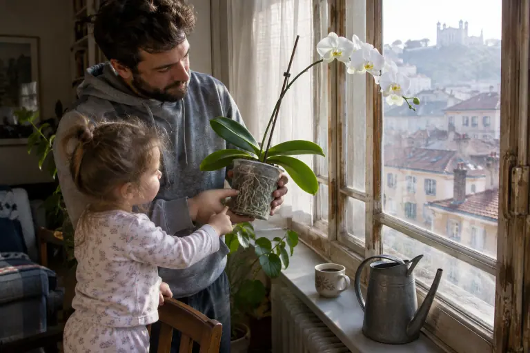 Un père soulève le pot transparent d’un Phalaenopsis blanc en fleurs pour montrer ses racines argentées à sa fille, devant une haute fenêtre lyonnaise