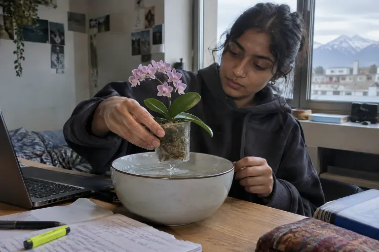 Une étudiante plonge le petit pot transparent d’un mini phalaenopsis à fleurs rose pâle dans un bol d’eau, sur le bureau de son studio