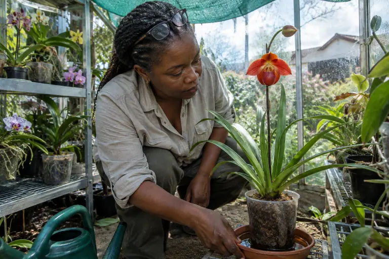Dans une petite serre d’amateur, une femme vérifie la soucoupe d’eau sous un Phragmipedium à fleur rouge orangé en forme de sabot