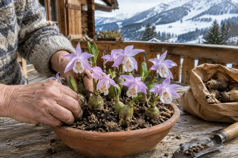 Sur le balcon d’un chalet savoyard, les mains d’une femme arrangent une terrine de Pleione formosana en fleurs, rose lilas au labelle blanc frangé
