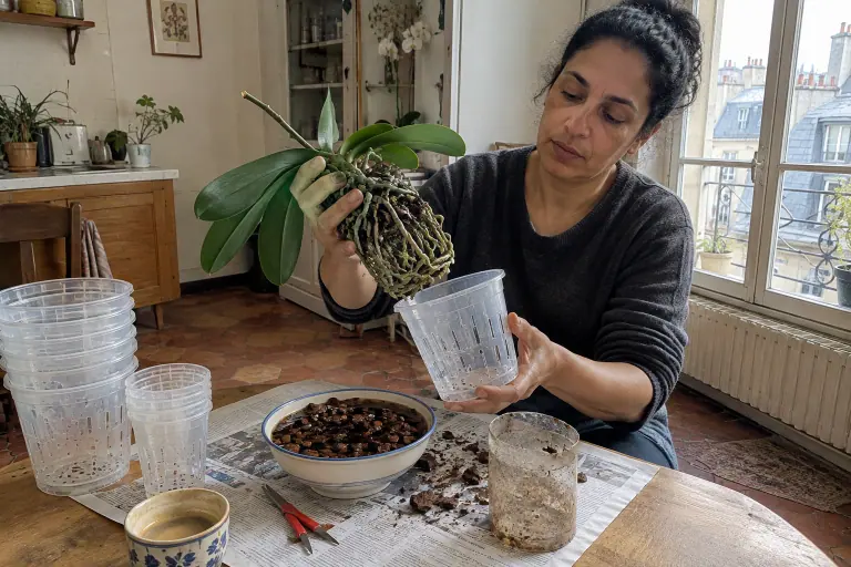Dans une cuisine lyonnaise, une femme compare la motte de racines d’un Phalaenopsis blanc à un pot transparent neuf percé de fentes