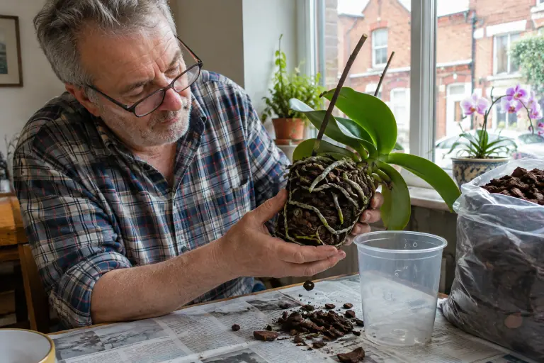 Un homme examine les racines d’une orchidée Phalaenopsis défleurie, sortie de son pot transparent près d’une fenêtre, avant de la rempoter