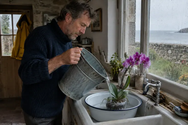 Un homme verse l’eau de pluie d’un seau dans une bassine où trempe une orchidée Phalaenopsis violette, dans la cuisine d’une maison bretonne