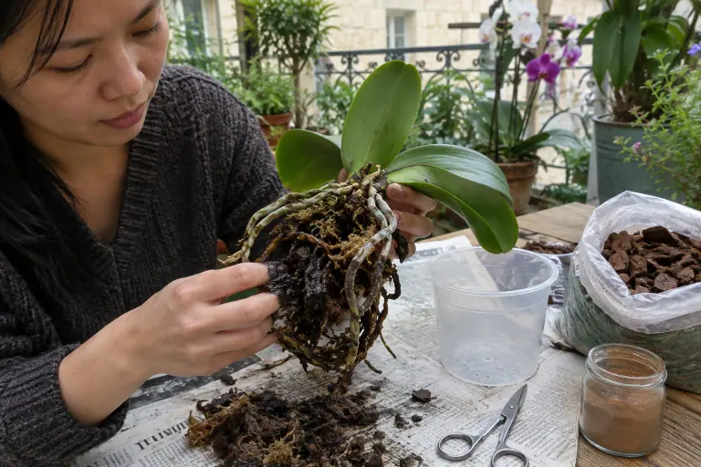 Les mains d’une femme tiennent un phalaenopsis dépoté aux racines brunes et molles, à côté de ciseaux, d’un pot transparent et d’écorce neuve