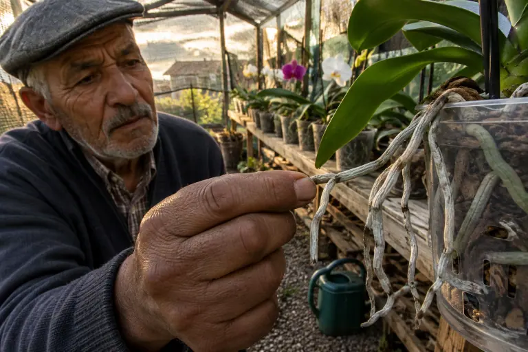 Un homme âgé pince entre ses doigts, dans une petite serre, les racines grises et aplaties qui sortent du pot transparent d’un phalaenopsis