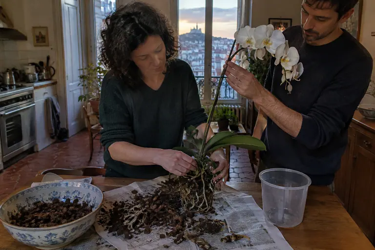 Une femme rempote une orchidée Phalaenopsis blanche en pleine floraison, la hampe maintenue sur son tuteur, sur la table d’une cuisine lyonnaise