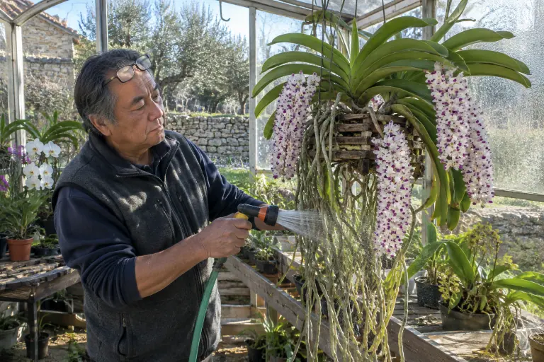 Dans une petite serre près d’un mas provençal, un homme arrose les racines d’un Rhynchostylis gigantea en panier, couvert de grappes blanches tachetées