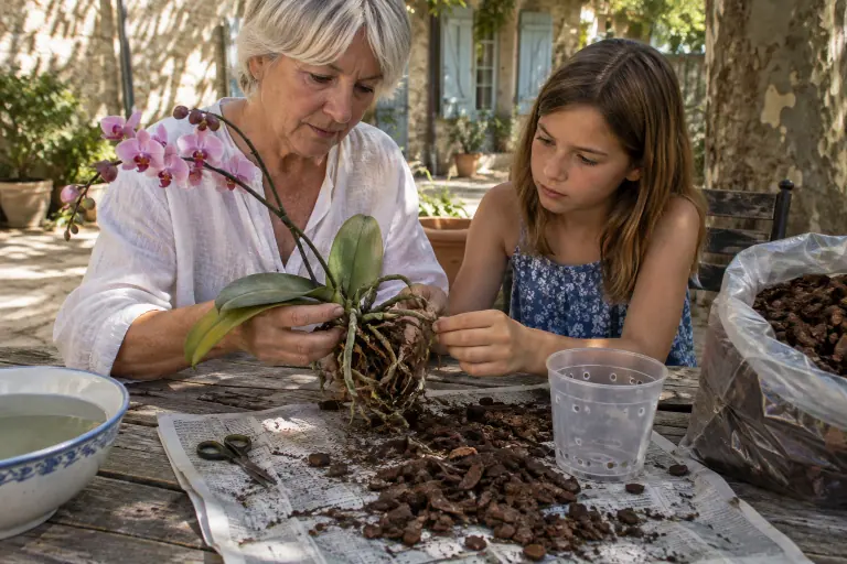 Sur une table de mas provençal, une femme et sa petite-fille trient les racines d’un Phalaenopsis rose dépoté, entre racines brunes et saines