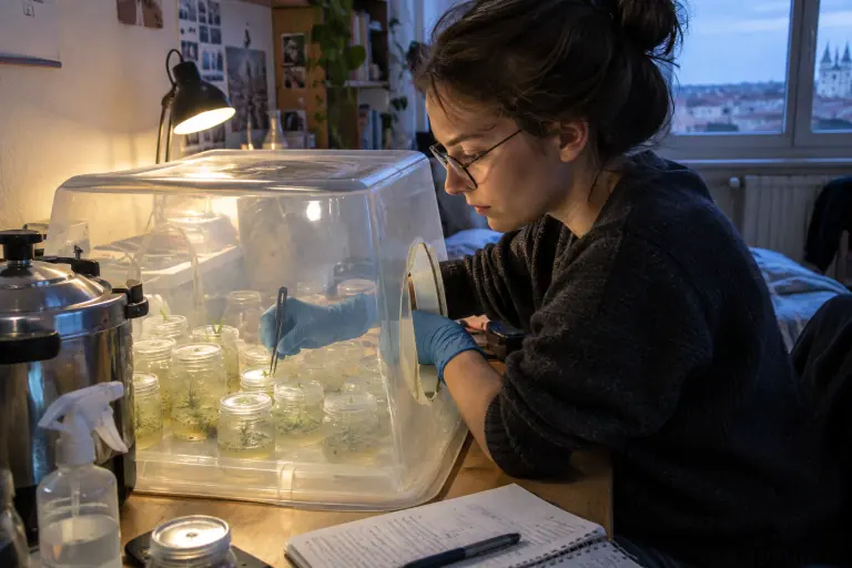 Une étudiante gantée travaille dans une boîte à air calme artisanale, devant des bocaux de gélose où poussent de minuscules plantules d’orchidée
