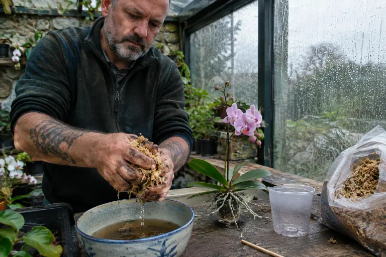 Sous une véranda bretonne, un homme essore une poignée de sphaigne réhydratée au-dessus d’un bol, à côté d’un mini Phalaenopsis rose pâle