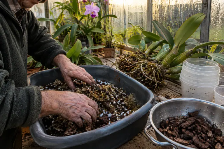 Gros plan sur les mains d’un jardinier qui mélange écorce de pin, perlite et sphaigne dans un bac, sur l’établi d’une petite serre d’amateur