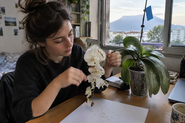 Une étudiante tapote une hampe de phalaenopsis blanc au-dessus d’une feuille de papier pour faire tomber les thrips, piège bleu planté dans le pot