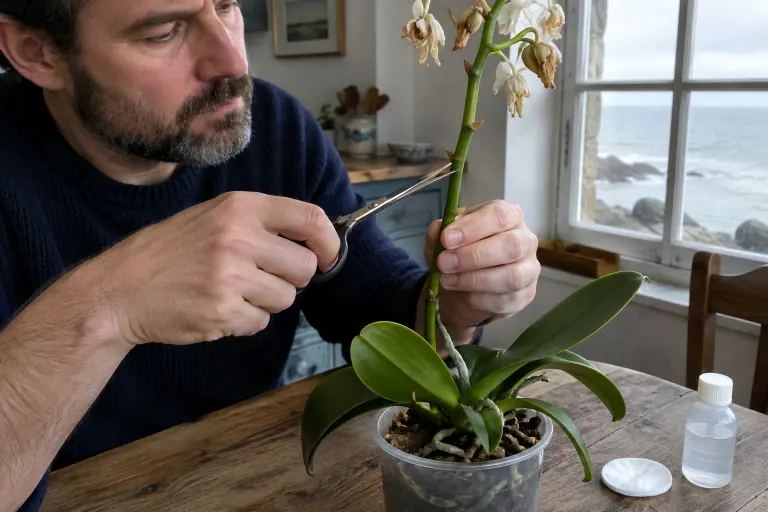 Un homme place de petits ciseaux juste au-dessus d’un nœud sur la tige verte d’une orchidée Phalaenopsis blanche, dans une cuisine en bord de mer