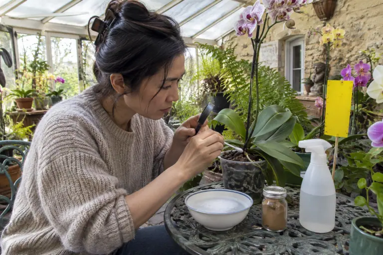 Dans un jardin d’hiver bordelais, une femme tamponne à l’alcool des cochenilles cotonneuses à la base d’une feuille de Phalaenopsis