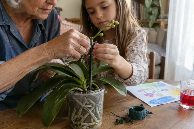Une grand-mère et sa petite-fille attachent la jeune hampe d’un Phalaenopsis à un tuteur fin avec un clip souple, dans un salon de Montpellier