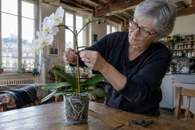 Une femme aux cheveux gris fixe la jeune hampe en boutons d’un Phalaenopsis blanc à un fin tuteur en bambou avec un petit clip souple
