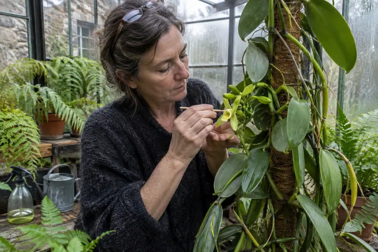 Dans un jardin d’hiver près de Nantes, une femme pollinise à la main avec un cure-dent une fleur jaune vert pâle de vanille grimpant sur un tuteur en coco
